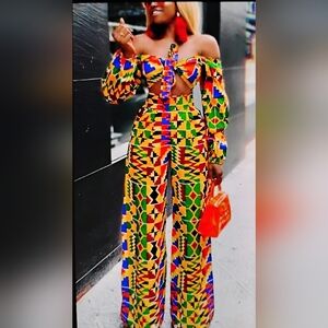 African Print Tree Piece Set Kente-Print Wide Leg high Waist Pants Set